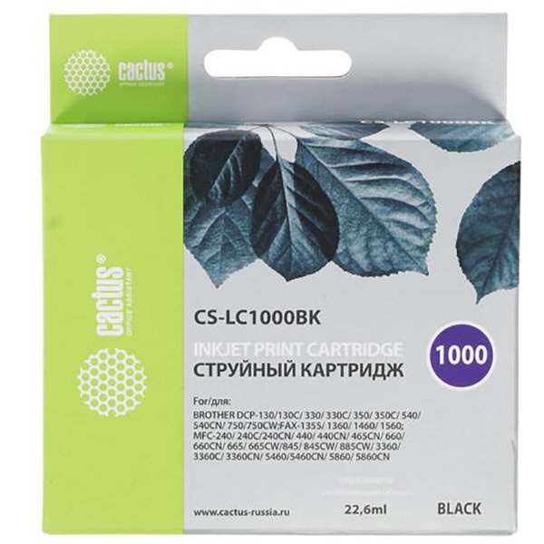 Картридж струйный Cactus CS-LC1000BK черный для Brother DCP 130C/ 330С, MFC-240C/ 5460CN (22,6ml)