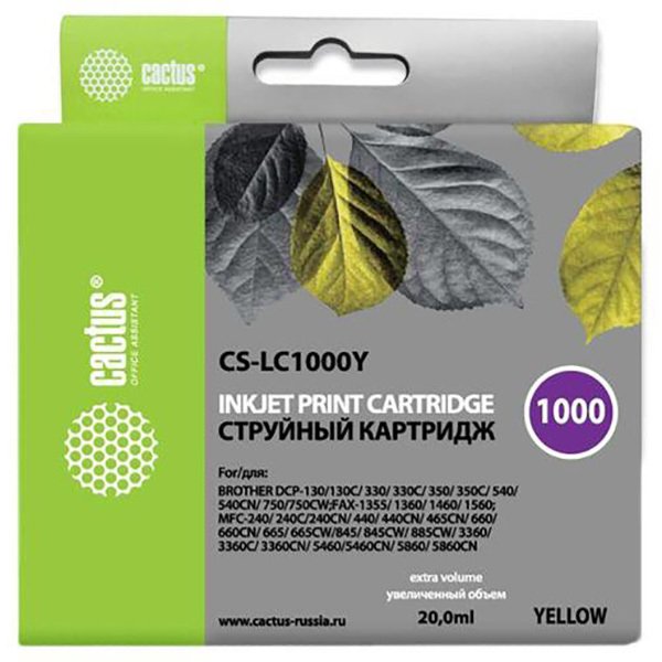 Картридж струйный Cactus CS-LC1000Y желтый для Brother DCP 130C/ 330С, MFC-240C/ 5460CN (20ml)